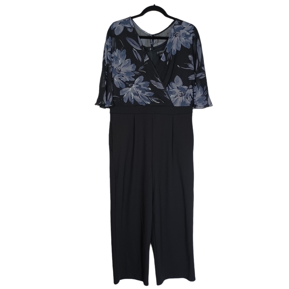 ENFOCUS STUDIO Blue Gray Silver Floral Sheer Overlay Black Jumpsuit 14P